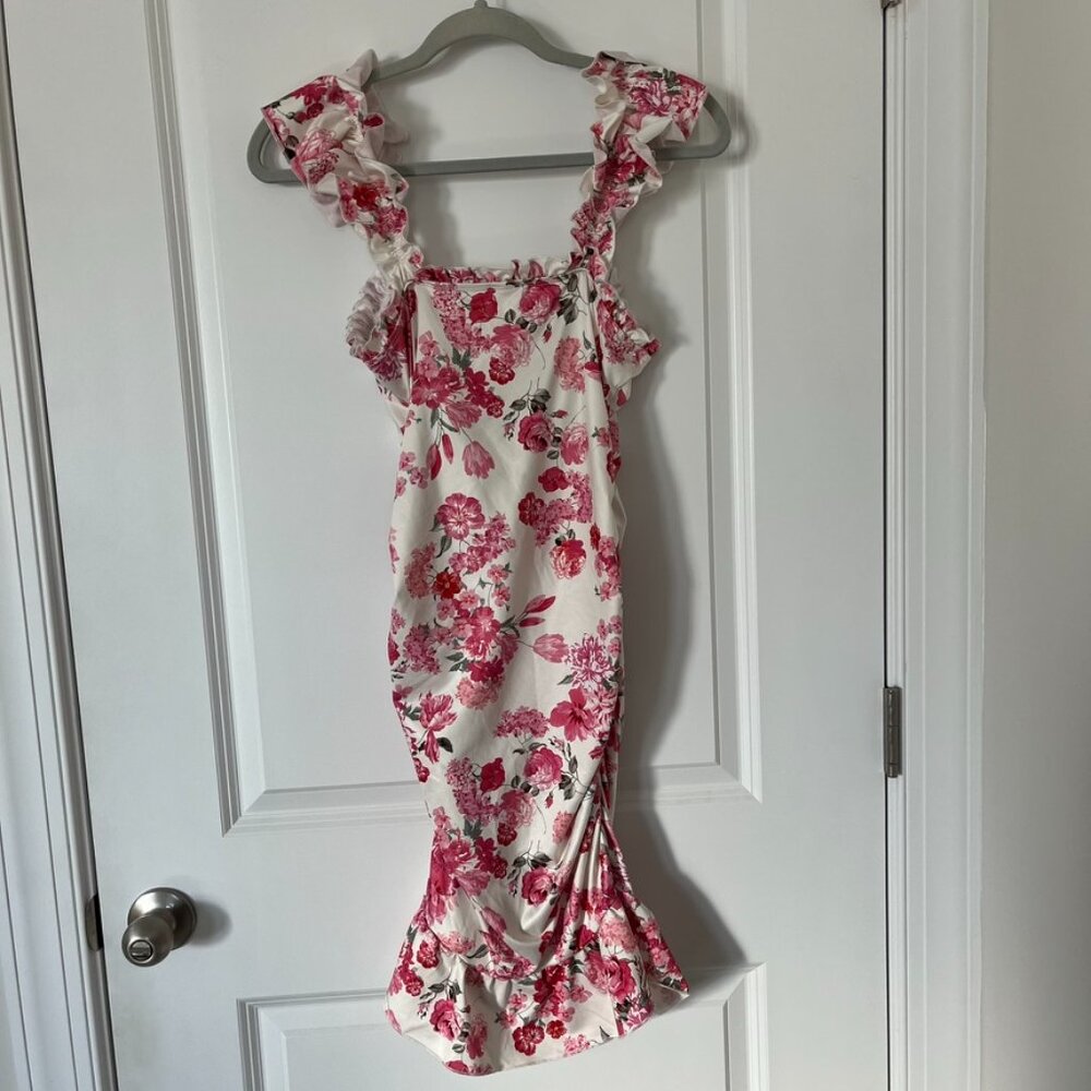 SHEIN Pink and White Medium Floral Ruffle Sleeve Fitted Spring Dress - Picture 4 of 5
